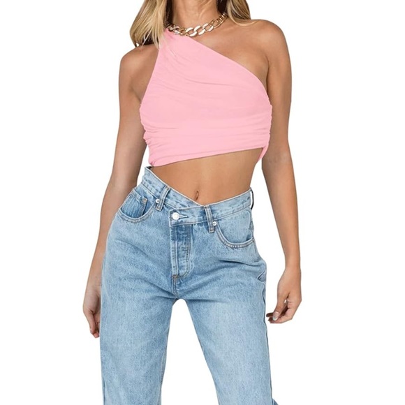 Light Pink Ruched One Shoulder Going Out Top - Picture 4 of 7